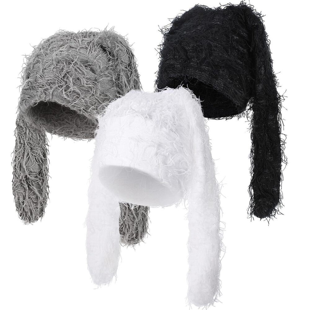 5953 3 Pcs Fuzzy Beanie Bunny Ears Hat Faux Fur Y2k Furry Fluffy Warm Hat